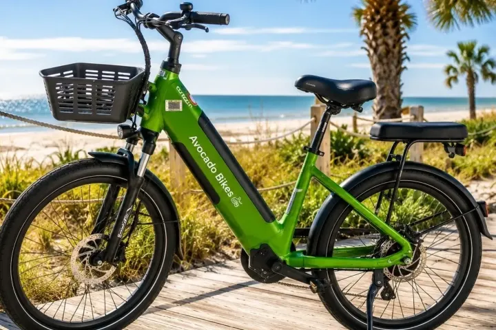 Green electric bike on a boardwalk by a beach with palm trees.