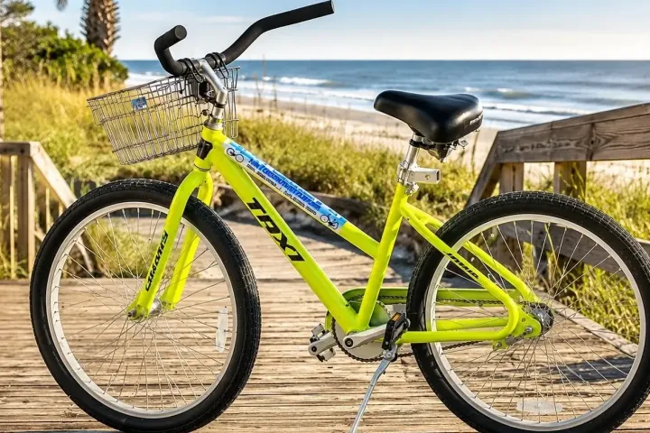Bright yellow bicycle with a basket on a boardwalk by the beach.